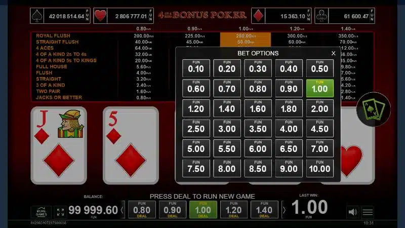 interval de mize 4 of a kind bonus poker