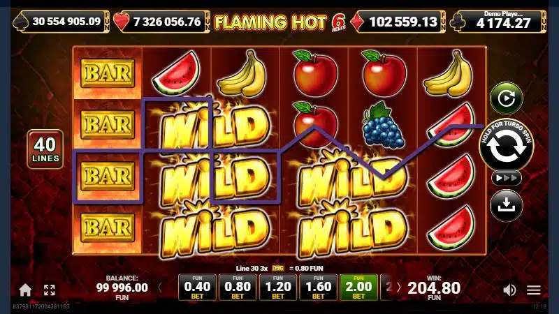 simbol wild flaming hot 6 reels