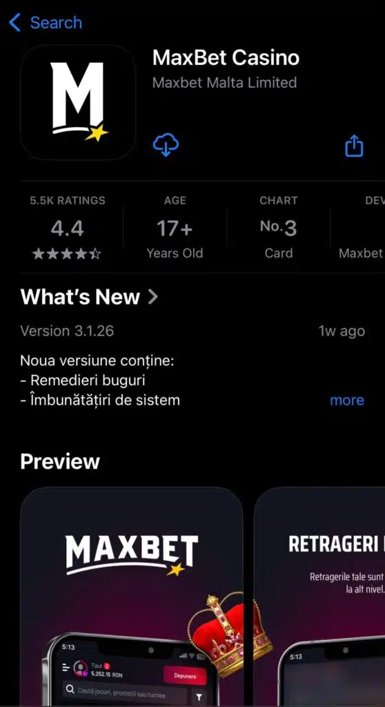 Aplicația Maxbet Casino în App Store
