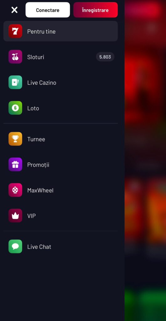 Meniul aplicației Maxbet Casino