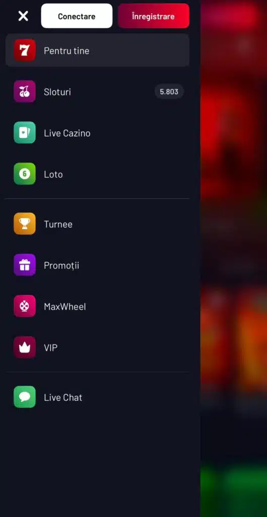 Meniul aplicației Maxbet Casino