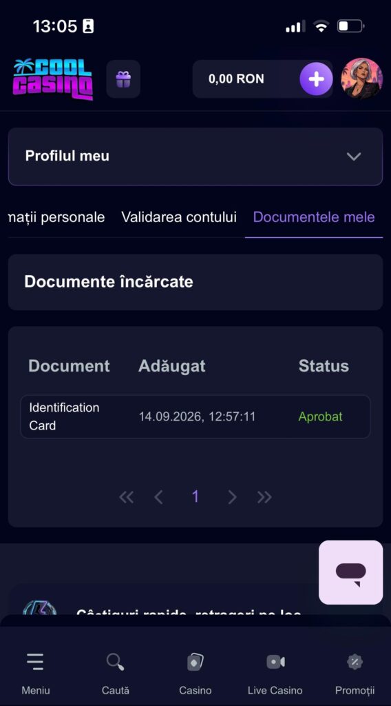 Carte de identitate cu statusul Aprobat în contul Cool Casino, la 8 minute după încărcare