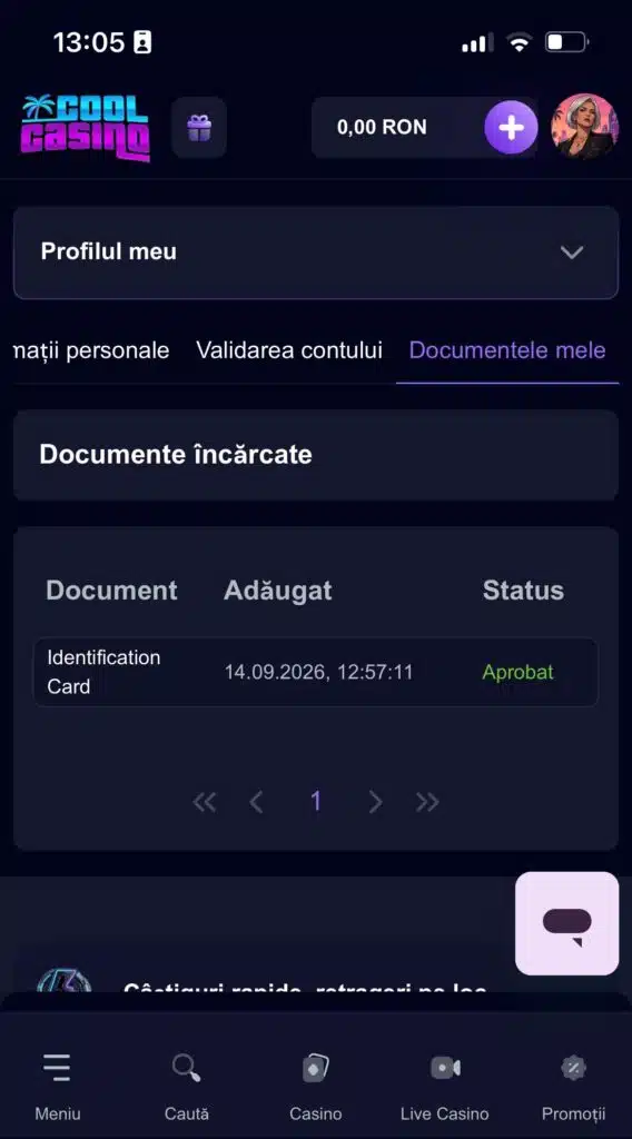 Carte de identitate cu statusul Aprobat în contul Cool Casino, la 8 minute după încărcare