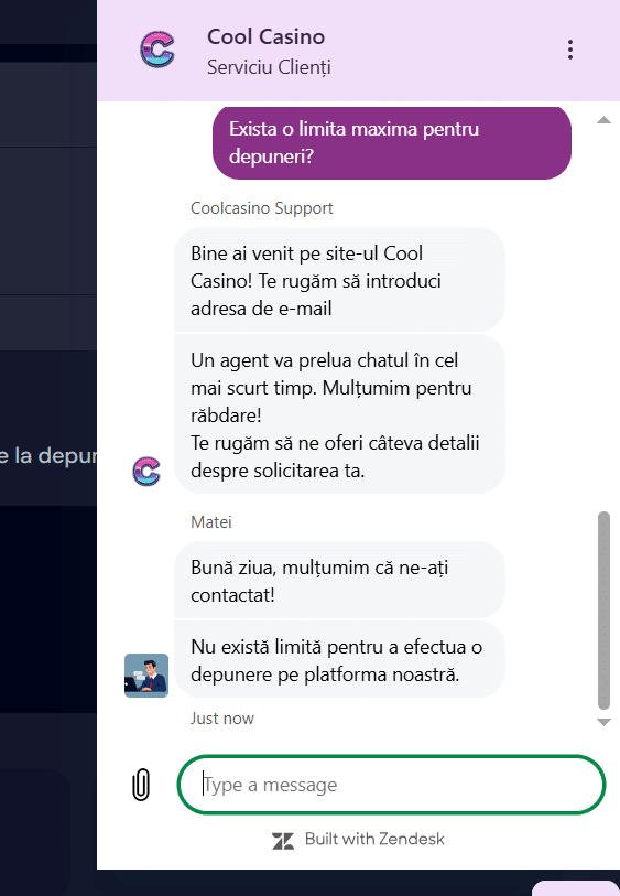 Răspuns despre limita maximă la depunere live-chat