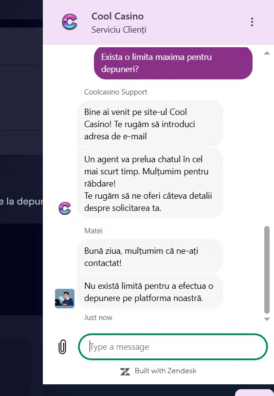 Răspuns despre limita maximă la depunere live-chat