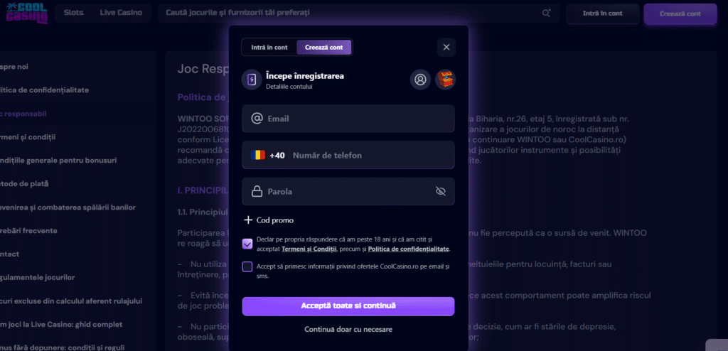 Înregistrare Cool Casino, primul pas cu adresă de e-mail, telefon și parolă