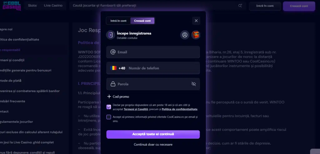 Înregistrare Cool Casino, primul pas cu adresă de e-mail, telefon și parolă