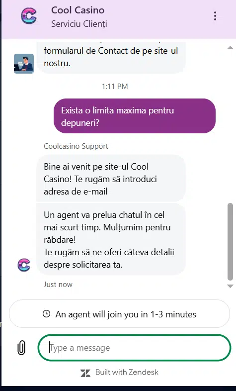 întrebare pe live-chat despre limita maximă de depunere