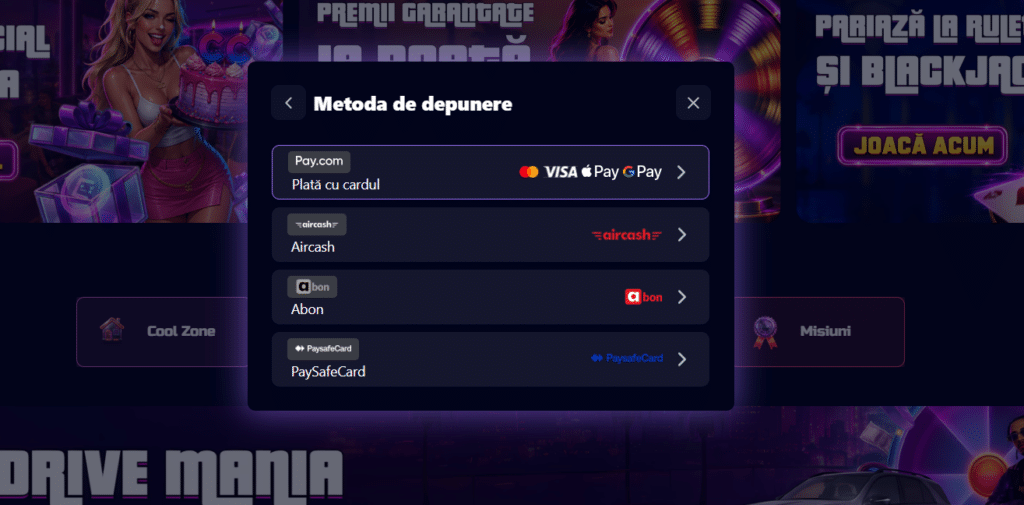 Opțiunile de depunere din casieria Cool Casino: card Pay.com, Aircash, Abon și Paysafecard