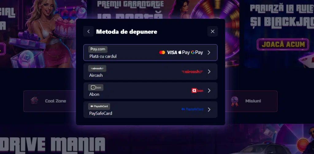 Opțiunile de depunere din casieria Cool Casino: card Pay.com, Aircash, Abon și Paysafecard