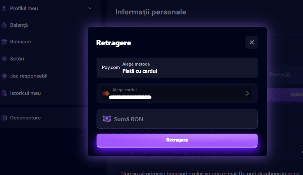 Formularul de retragere din casieria Cool Casino, cu plată pe card bancar
