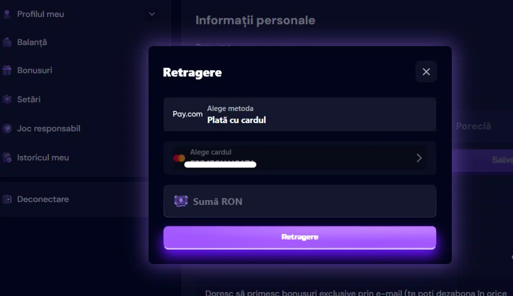 Formularul de retragere din casieria Cool Casino, cu plată pe card bancar
