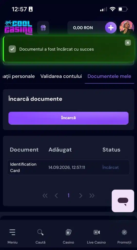 Încărcarea actului de identitate pentru verificarea KYC pe Cool Casino