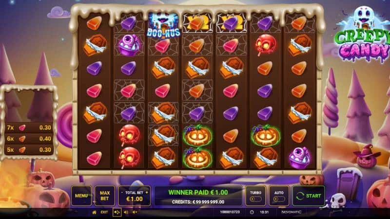Rotire Creepy Candy cu trei grupuri câștigătoare de bomboane roz și portocalii, câștig total de 1,00 la miza de 1