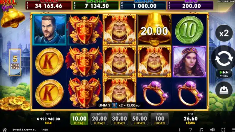Scutul Wild extins pe rola a doua lângă un cavaler, cu un câștig de 15 credite pe linia 2