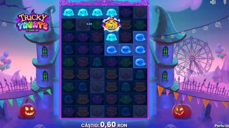 Rotire Tricky Treats cu un grup de fantome turcoaz legat de dovleacul Wild ×1 și un grup de 5 fantome albastre pe grila de 6×9
