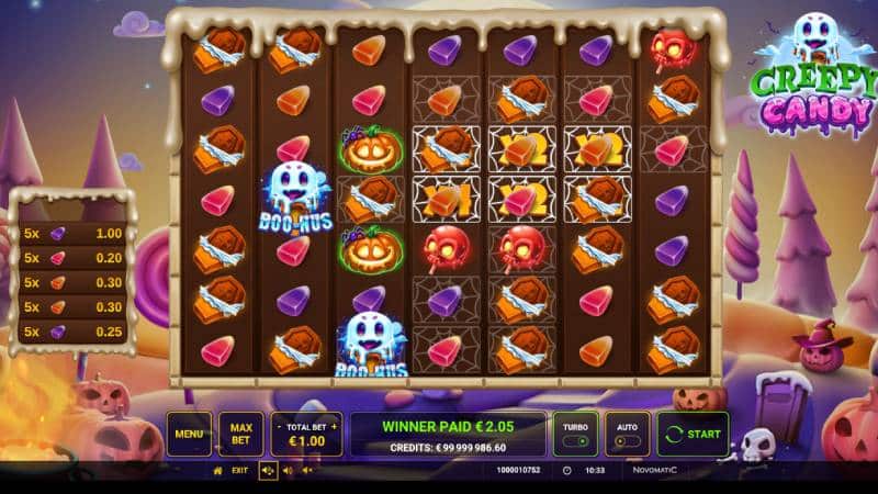 Creepy Candy demo cu două fantome BOO-NUS și poziții cu multiplicatori ×2 și ×4 pe grila 7×7, câștig de 2,05 la miza de 1