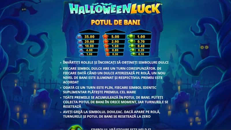 Regulile Halloween Luck pentru potul de bani, cu valorile turnurilor pentru bomboana spirală, stea și bomboana verde