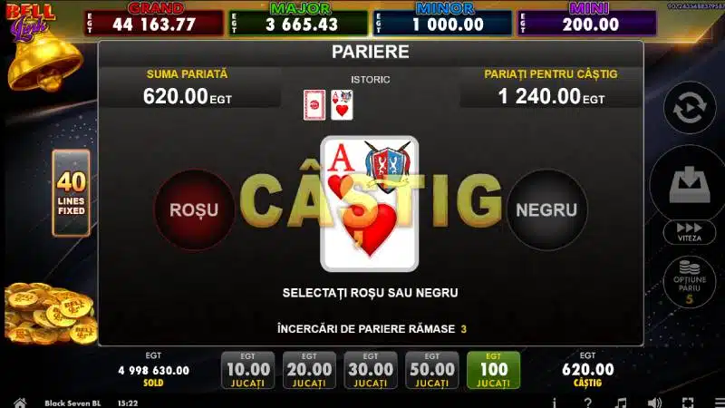 Funcția Gamble din Black Seven Bell Link cu un câștig dublat de la 620 la 1.240 de credite