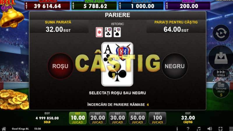Ecranul Gamble din Goal Kings Bell Link cu alegerea între roșu și negru și 4 încercări rămase