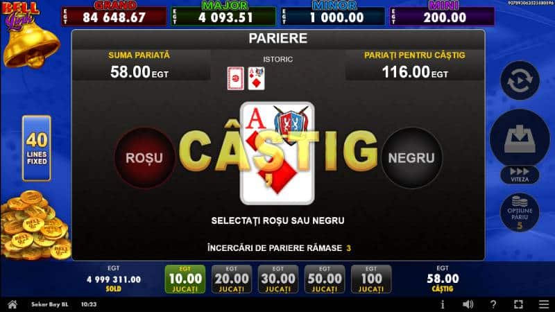 Ecranul Gamble din Seker Bey Bell Link cu alegerea între roșu și negru la un câștig de 58 de credite
