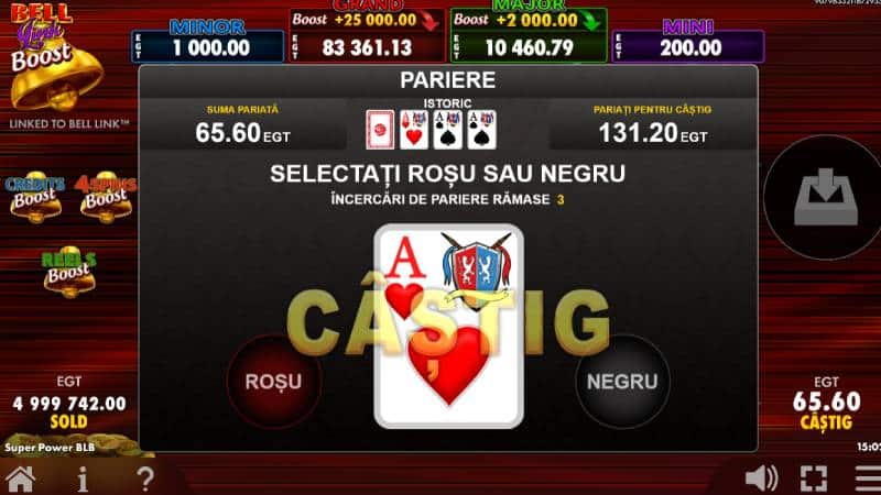 Super Power Bell Link Boost demo, runda Gamble câștigată cu o carte roșie