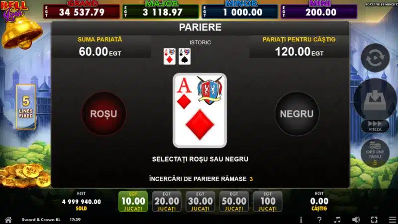 Ecranul de Gamble cu alegerea între roșu și negru și 3 încercări rămase