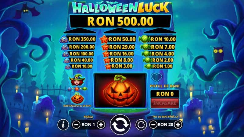 Dovleacul pe rola Halloween Luck după resetare, cu potul de bani la zero și butonul Încasare inactiv