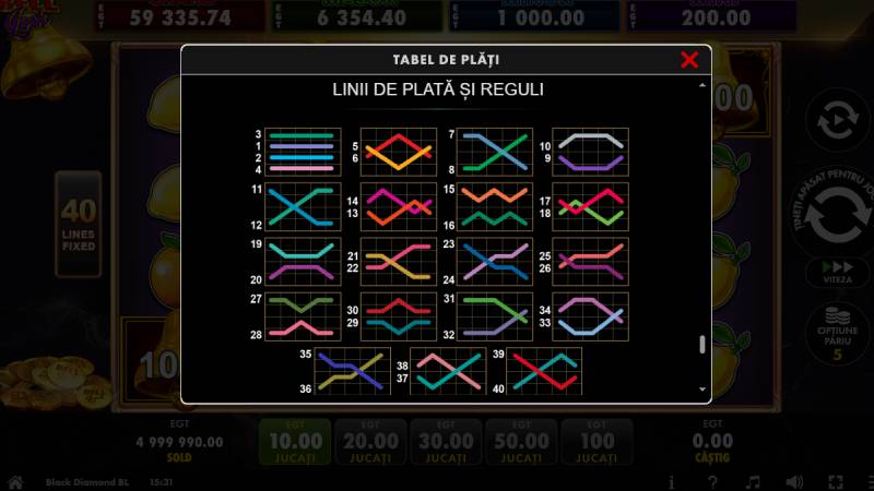 liniile de plată Black Diamond Bell Link, 40 de linii fixe pe grila 5×4
