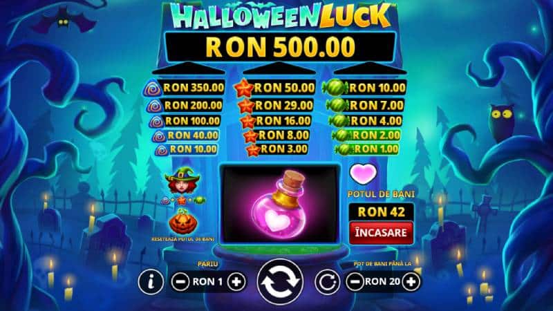 Poțiunea de salvare pe rola Halloween Luck, cu inima colorată și 42 de credite în potul de bani