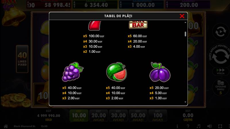 tabelul de plăți Black Diamond Bell Link cu șeptar, BAR, strugure, pepene și prună