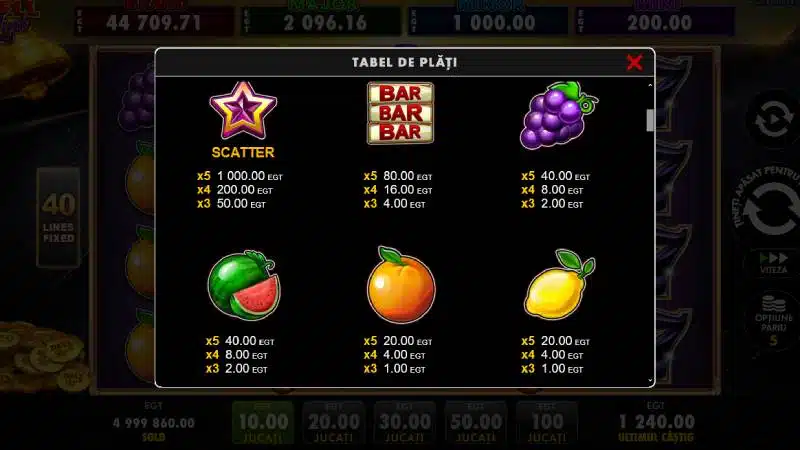 Tabelul de plăți din Black Seven Bell Link la miza de 10 credite, cu steaua Scatter, BAR, struguri și fructe