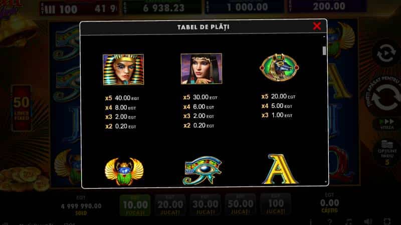Plățile pentru Faraon, Cleopatra și Anubis în Mystic Desert Bell Link, la miza de 10 credite