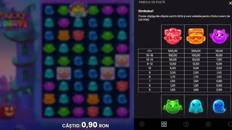 Tabelul de plăți Tricky Treats pentru vampir, Frankenstein și liliacul mov, de la 5 la 17+ simboluri, la miza de 1
