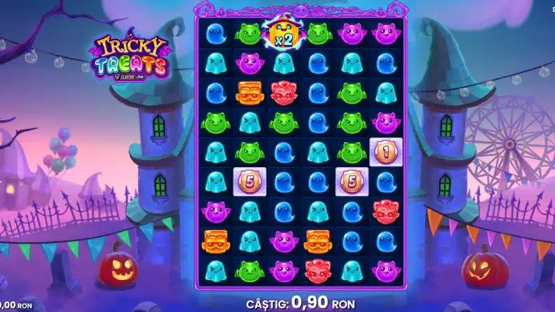 Dovleacul Wild cu multiplicator ×2 pe rândul de sus al grilei Tricky Treats, lângă trei premii instant de 5, 5 și 1